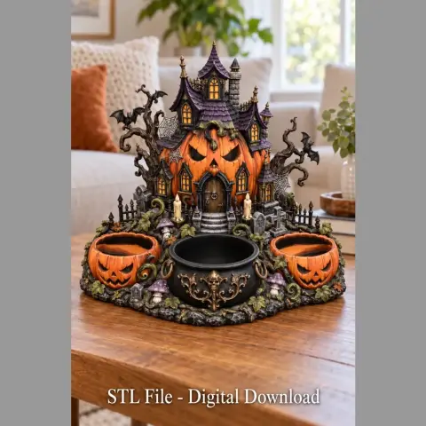 A whimsical haunted house organizer with pumpkin features and intricate details for 3D printing.