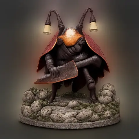 A character from Hollow Knight: Silksong, with insect features and lanterns, stands on a rocky base.
