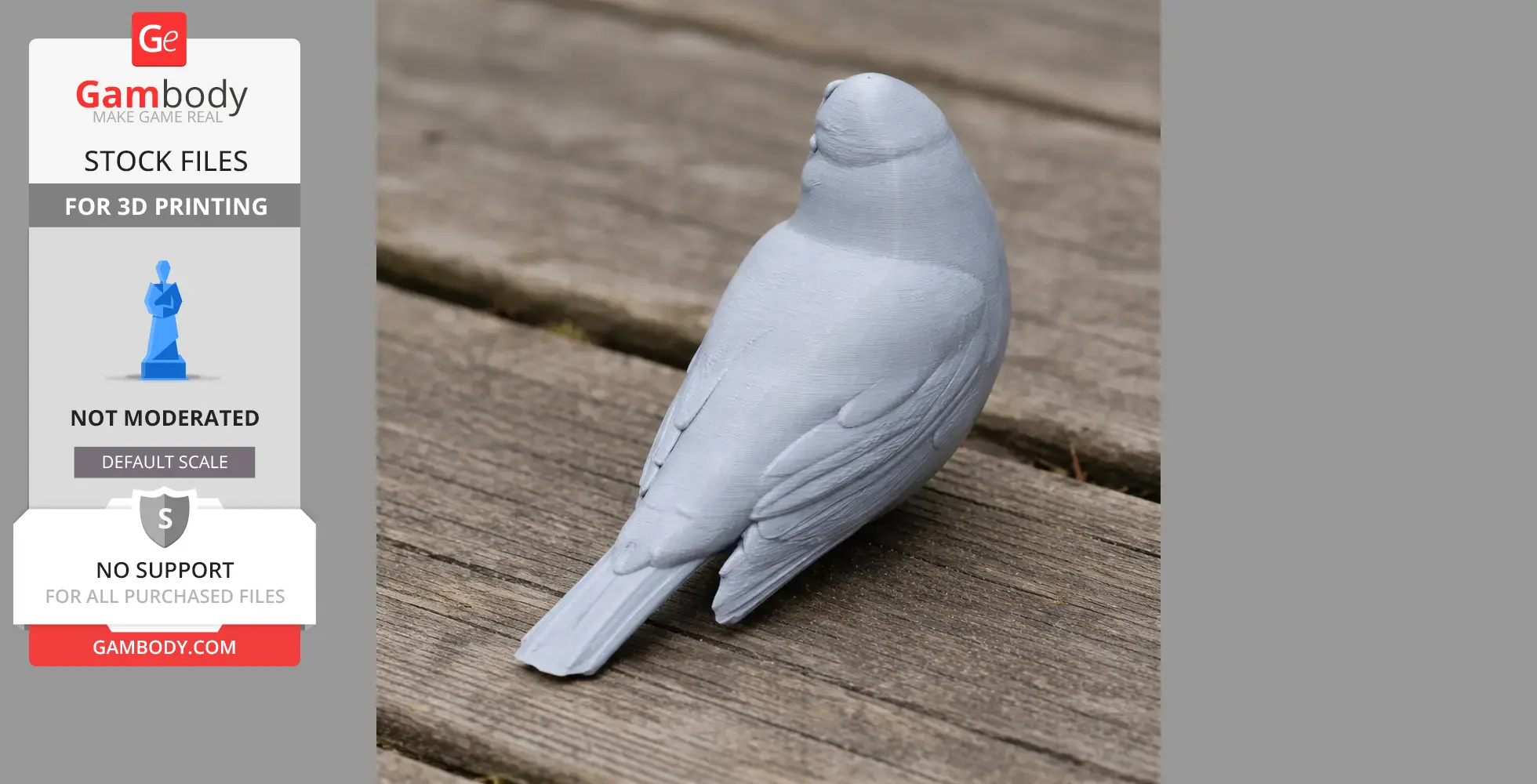 3D-printed Austral thrush model in gray, resting on a wooden surface.