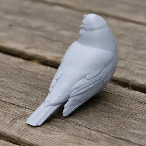 3D printed model of a bird, possibly an Austral thrush, perched on a wooden surface.