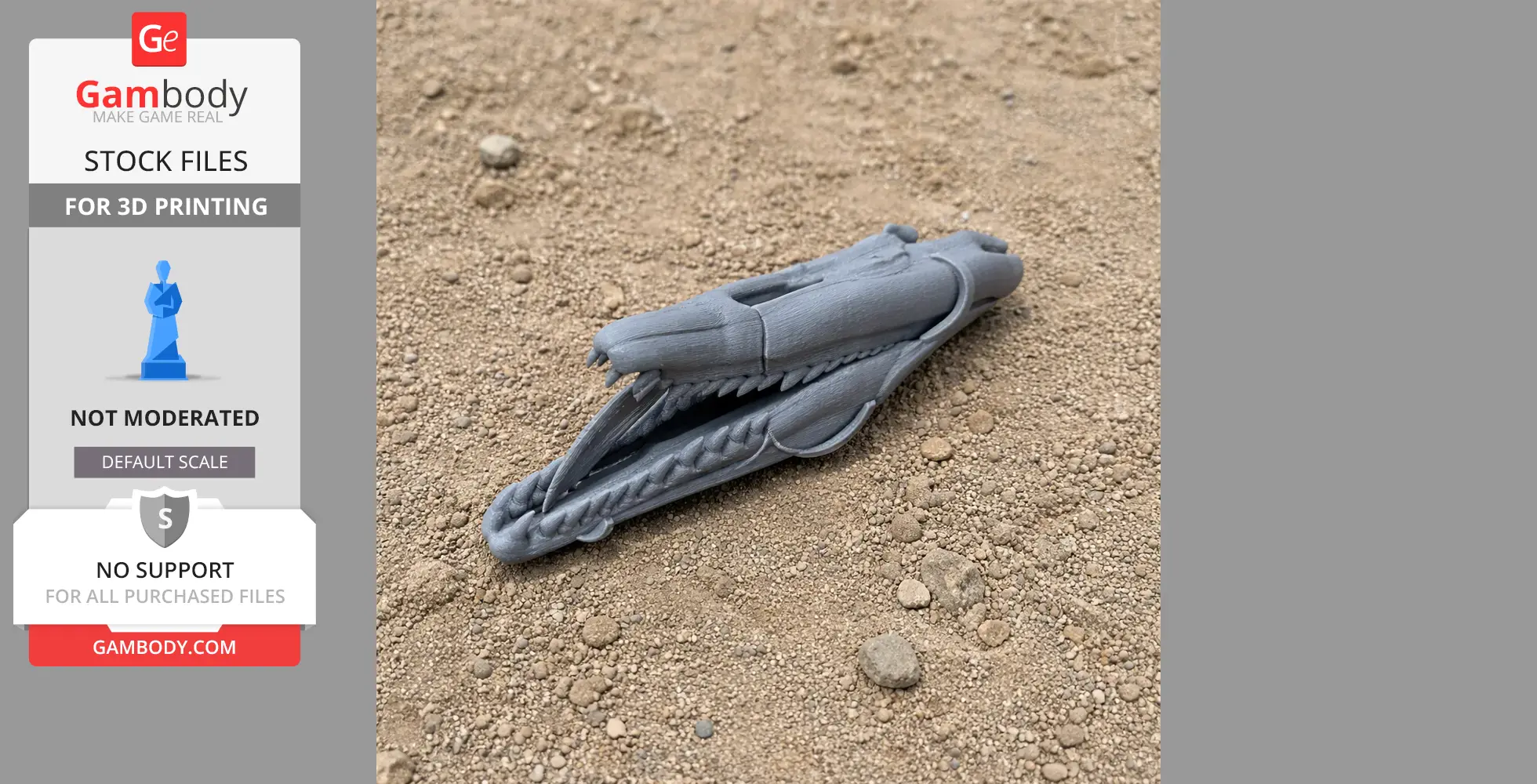 Gray 3D-printed Qunkasaura skull replica on sandy ground.