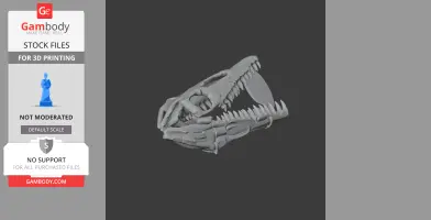 3D model of a dinosaur-like skull with sharp teeth, designed for 3D printing.