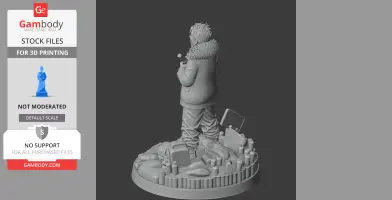 Character figure in winter coat holding an object, standing on a detailed circular base with various items.