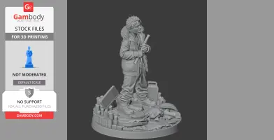 Character figure in winter clothing holding objects, standing on a detailed base with various items.