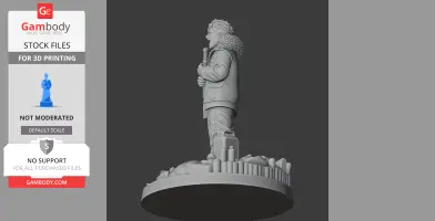 Character figure in winter attire holding an object, standing on a detailed base with various items.