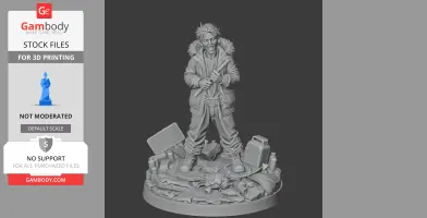 A 3D figure of a character in a fur-collared jacket holding a bat, standing on a base with various items.