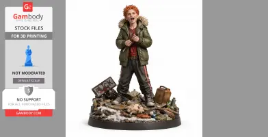 A 3D model of a red-haired character in a fur-collared jacket, standing on a detailed urban debris base.