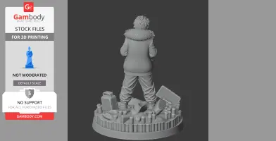 Figure of a character with a spiky coat, hands in pockets, standing on a cluttered base with debris.