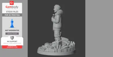 Character figure holding a stick, wearing a coat with fur collar, standing on a detailed base.
