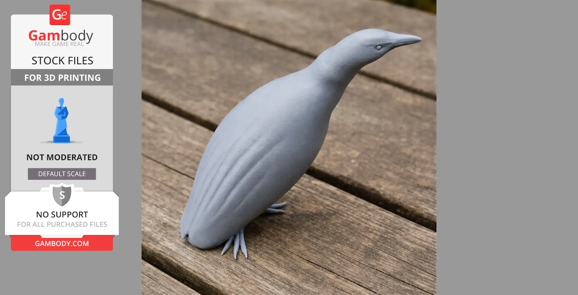 Gray 3D-printed model of an Australasian bittern bird on a wooden surface.