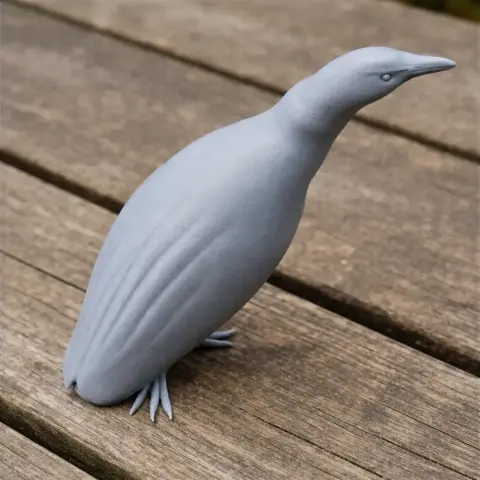 3D printed model of an Australasian bittern, a bird, standing on a wooden surface.