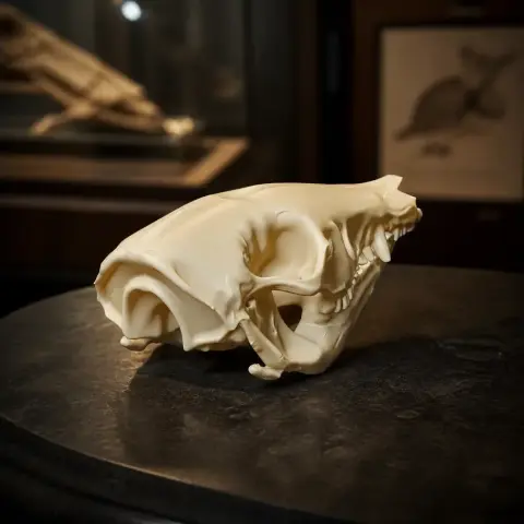 3D printed rabbit-eared bandicoot skull replica displayed on a table.