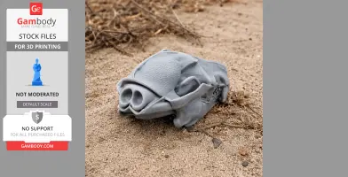 A detailed 3D-printed raccoon dog skull replica on sandy ground with dry twigs.