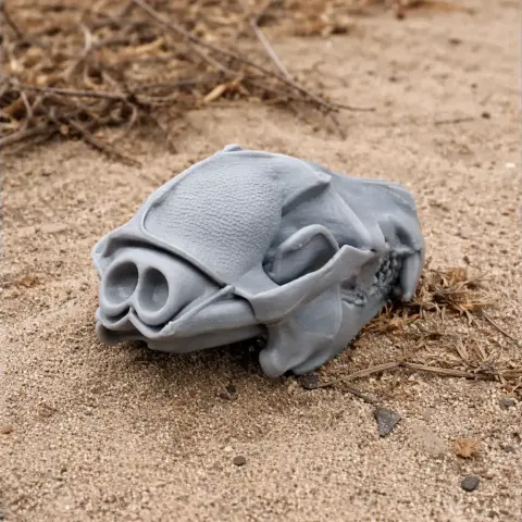 A 3D-printed raccoon dog skull model resting on sandy ground with scattered dried grass.