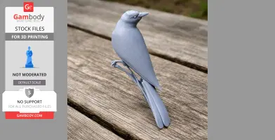 Gray 3D-printed Australasian figbird model perched on a wooden surface.