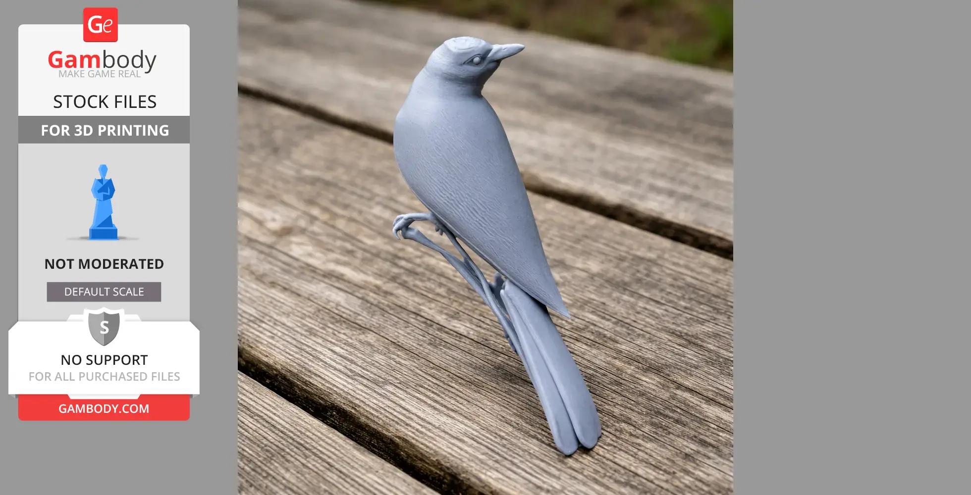Gray 3D-printed Australasian figbird model perched on a wooden surface.