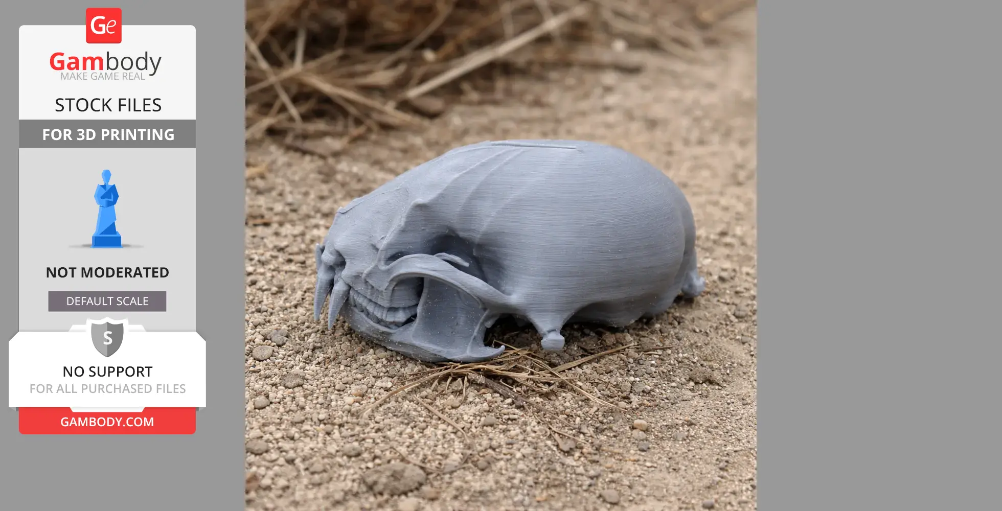 Gray 3D printed raccoon skull replica on sandy ground.
