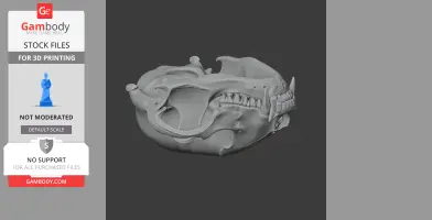 3D model of a raccoon skull, detailed and ready for 3D printing, displayed on a dark background.