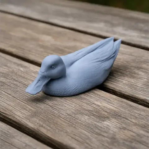 Gray 3D-printed model of an Australasian shoveler duck on a wooden surface.