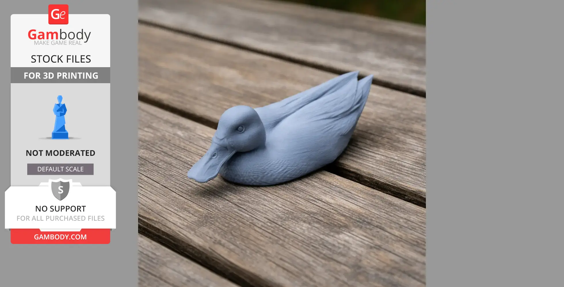 A 3D-printed model of an Australasian shoveler duck on a wooden surface.