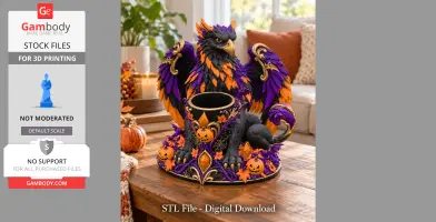 A vibrant Halloween griffin LED holder in orange, purple, and black with pumpkin and leaf decorations.