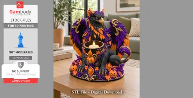 A colorful Halloween griffin light holder with pumpkins and ornate details, holding a small candle.