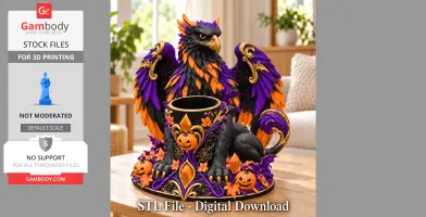 Colorful griffin LED holder with purple and orange feathers, detailed Halloween decor, and pumpkin accents.