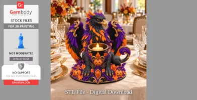 Halloween-themed griffin LED holder with vibrant purple and orange feathers, adorned with pumpkin accents.