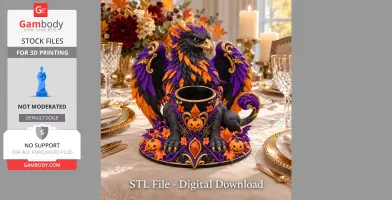 Halloween-themed griffin LED light holder with pumpkins and colorful feathers.