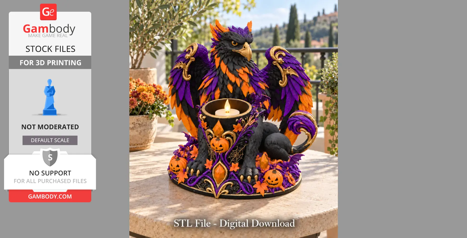 A colorful Halloween griffin LED holder with pumpkins and decorative elements.