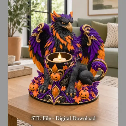 A colorful griffin statue with vibrant wings holds an LED light, surrounded by pumpkins and autumn leaves.