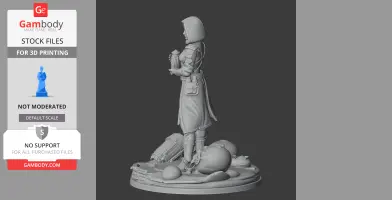 Hooded figure holding an object, standing on a detailed base with scattered items.