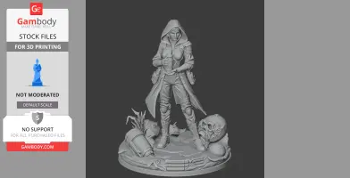 A hooded character holding an object, standing on a detailed base with sci-fi elements and debris.