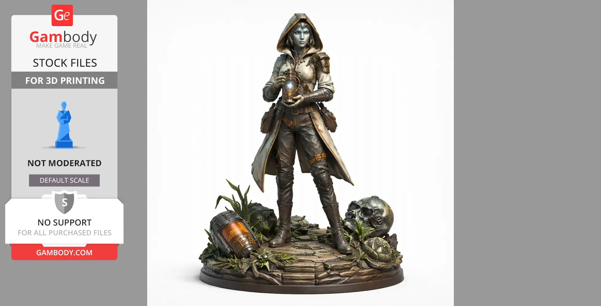 A hooded figure holding a lantern, standing on a detailed base with foliage and a large skull.