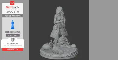 Hooded character figure with a staff and detailed base, wearing a long coat and utility belt.