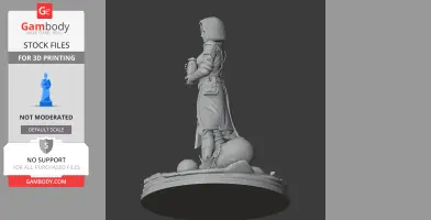 A hooded figure in a detailed outfit, holding an artifact, standing on a decorated base.
