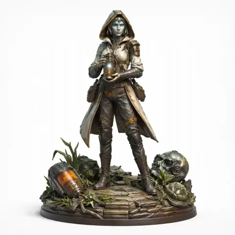 A robed figure holding a glowing artifact, standing on a detailed base with plants and a large skull.