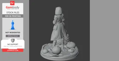 A cloaked figure stands on a decorated base with orb-like objects and foliage, facing away.