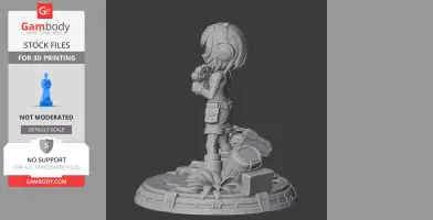 A 3D model of a character with short hair, headphones, holding a gun, standing on a detailed base.