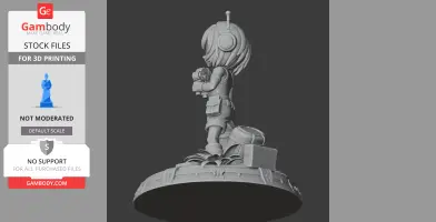 A chibi-style character with headphones, holding a device, standing on a detailed platform.