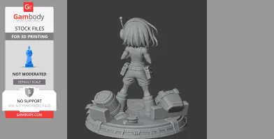 Character figure with short hair and headphones, standing on a detailed base with barrels and tech objects.