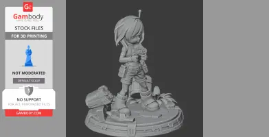 Child figure with short hair holding a toy gun, standing on a detailed circular base with foliage and debris.