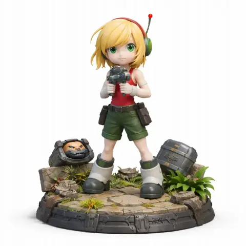 Young character with blonde hair and green outfit, holding a weapon, stands on a stone base with plants.
