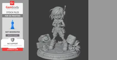 A cute, chibi-style figure with headphones holding a small object, standing on a decorated base.