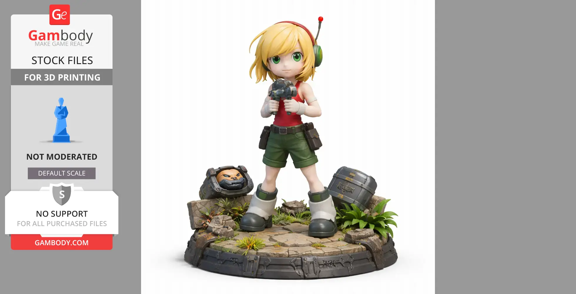 Blonde character with green eyes holding a gadget, standing on a detailed platform with foliage.