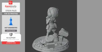 A 3D character figure with headphones, standing on a detailed base with various objects and decorations.