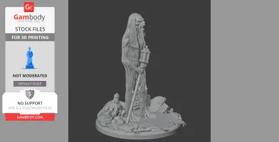 Fantasy figure with elongated limbs holding a staff, surrounded by various objects on a textured base.