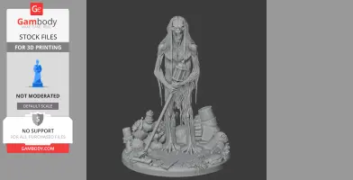 Tall, gaunt creature with elongated limbs, standing amidst debris, holding a staff; detailed STL model.