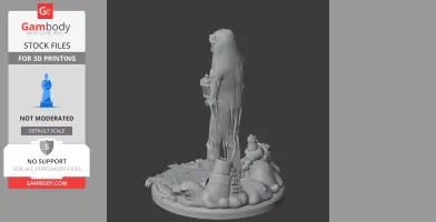 A tall, elongated creature with a long, flowing mane stands on a detailed base, holding an object in one hand.