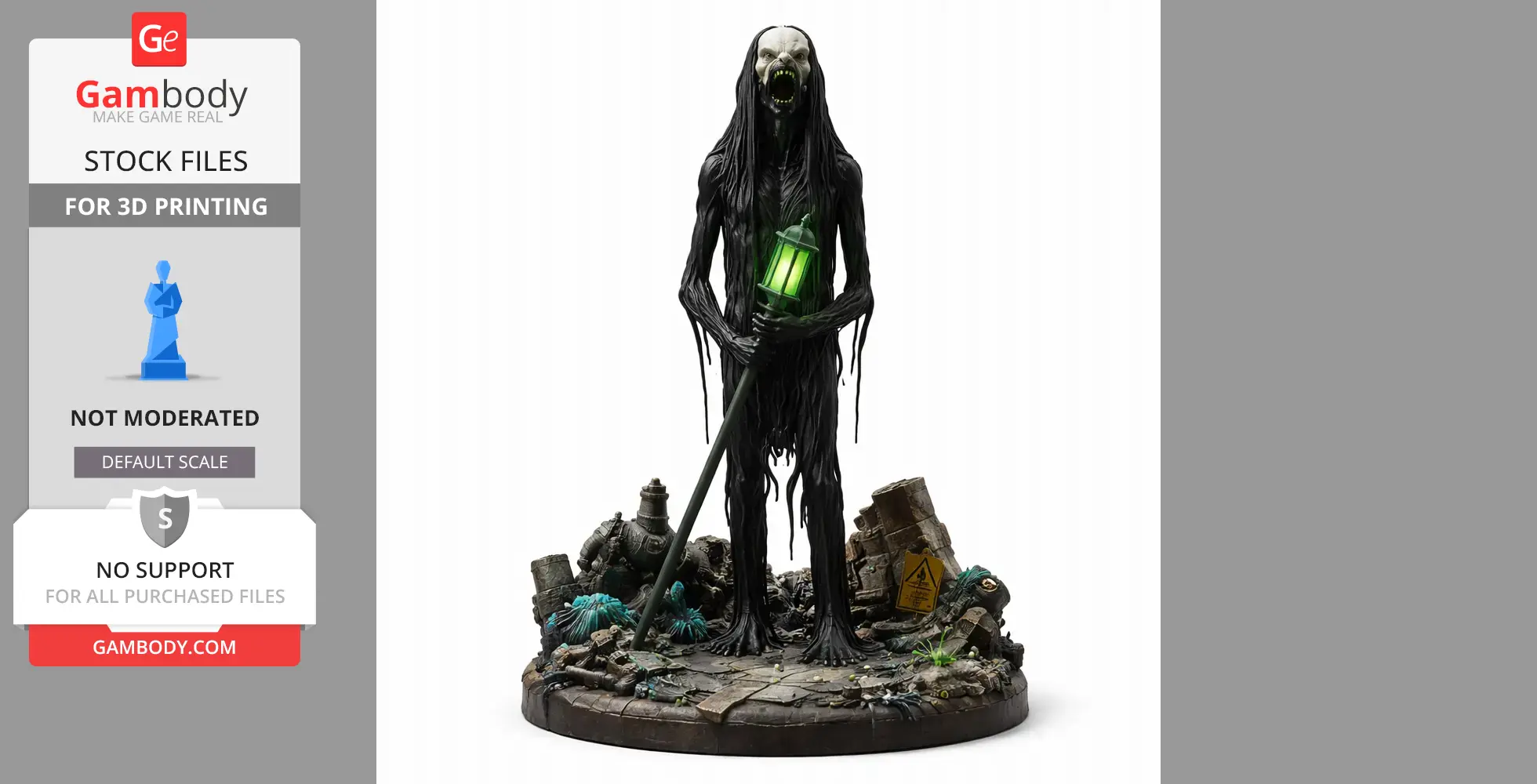 Tall, dark, slender figure holding a glowing green lantern, standing on a detailed base with debris.
